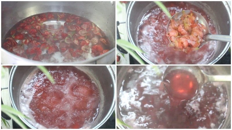 Quá trình đun sôi hoa bụt giấm để chiết xuất nước cốt atiso đỏ