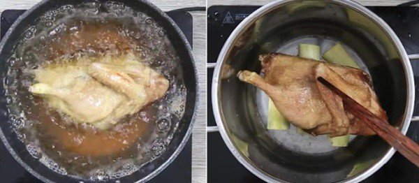 Quá trình hầm vịt tiềm nguyên con với thuốc bắc để thịt vịt mềm nhừ và thấm vị