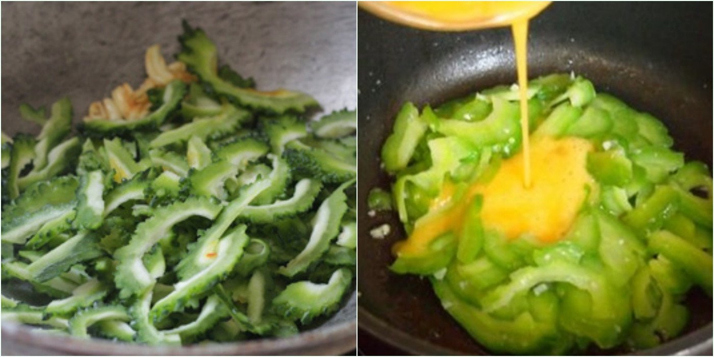 Quá trình xào khổ qua trên chảo trước khi thêm trứng gà đã đánh