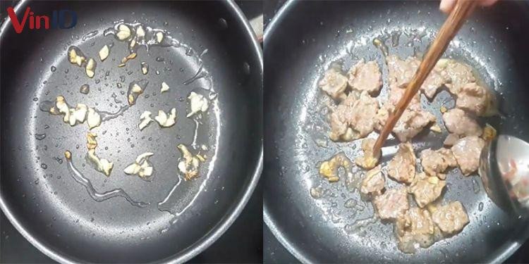 Quá trình xào thịt bò với tỏi trên chảo nóng, tỏi phi thơm lừng