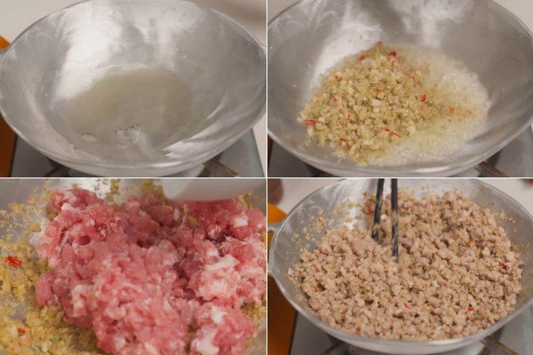 Quy trình xào thịt băm và gia vị để làm thịt chưng mắm tép