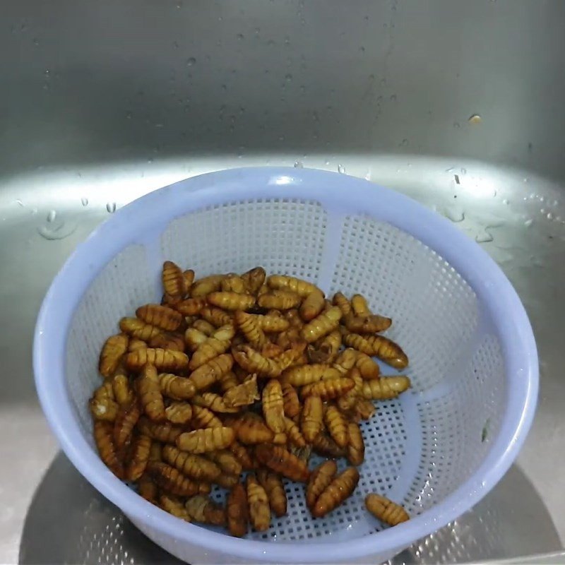 Rửa sạch nhộng ong với nước muối loãng để loại bỏ tạp chất