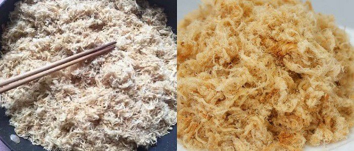 Ruốc thịt lợn sau khi xay bằng máy vẫn giữ được sợi dài, bông tơi