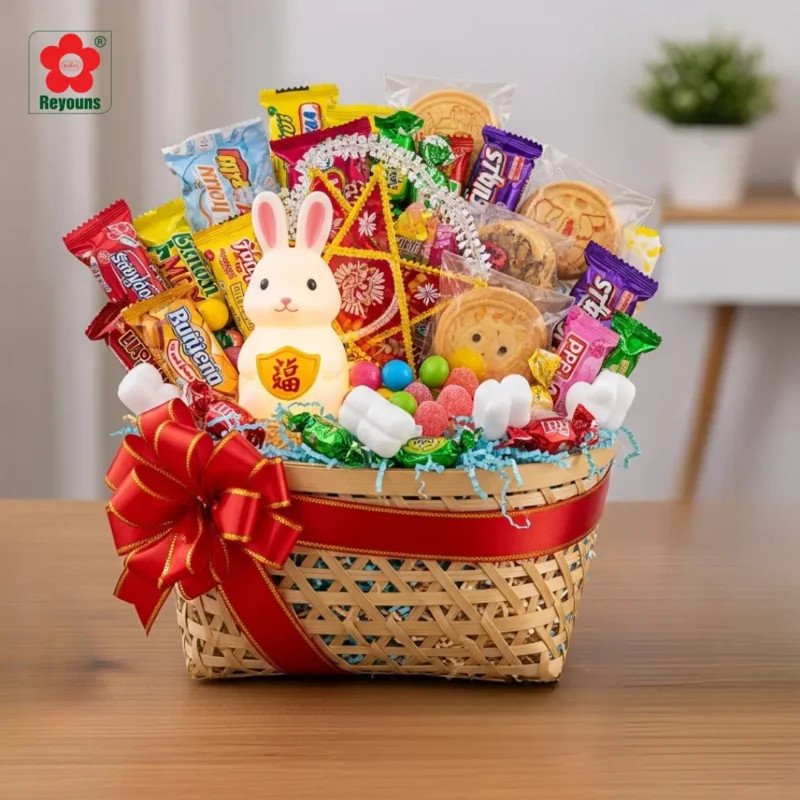 Sắp xếp bánh kẹo và đèn lồng vào giỏ quà