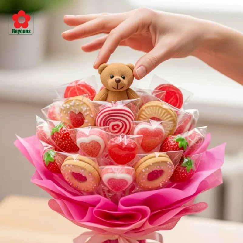 Sắp xếp bánh kẹo và gấu bông vào giỏ quà