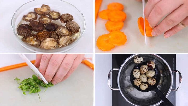 Sơ chế các loại rau củ và nấm hương để chuẩn bị nấu canh mọc rau củ quả