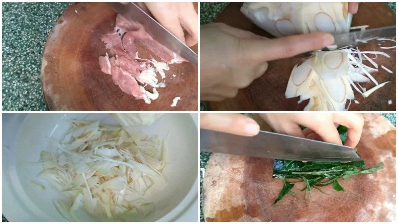 Sơ chế các nguyên liệu cho món mít non xào lá lốt