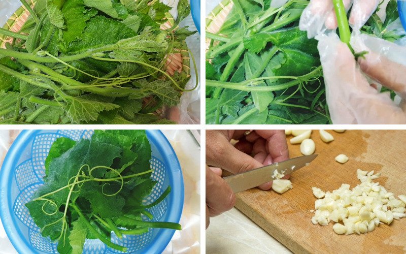 Sơ chế các nguyên liệu cho món ngọn bí xào