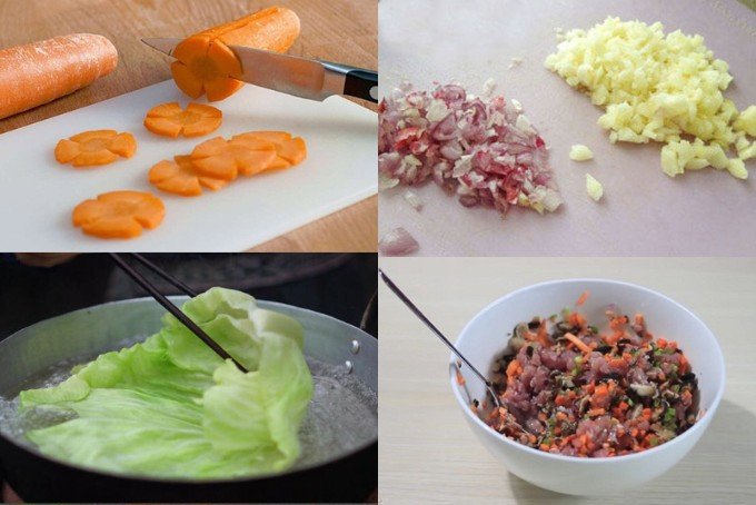 Sơ chế các nguyên liệu để chuẩn bị nấu canh bắp cải cuốn thịt
