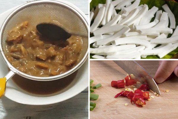 Sơ chế các nguyên liệu kết hợp cùng trứng cút lộn xào me dừa, bao gồm cùi dừa tươi bào mỏng, ớt hiểm, rau răm, tỏi và hành tím.