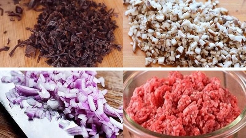 Sơ chế các nguyên liệu làm bánh răng bừa như nấm, hành tím và thịt
