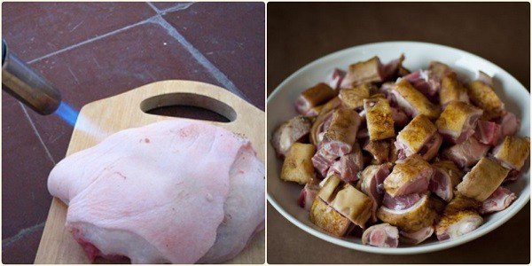 Sơ chế chân giò heo bằng cách thui vàng để làm thịt giả cầy