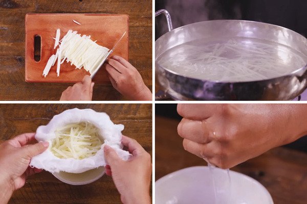 Sơ chế củ sắn làm xíu mại thịt heo