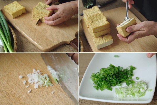 Sơ chế đậu hũ và băm hành tỏi để chuẩn bị nhồi thịt