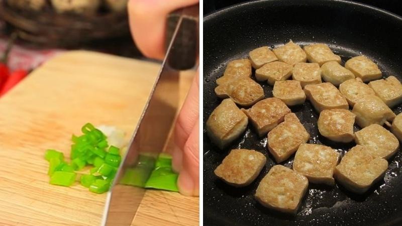 Sơ chế đậu hũ và hành lá cho tokbokki phô mai đóng gói