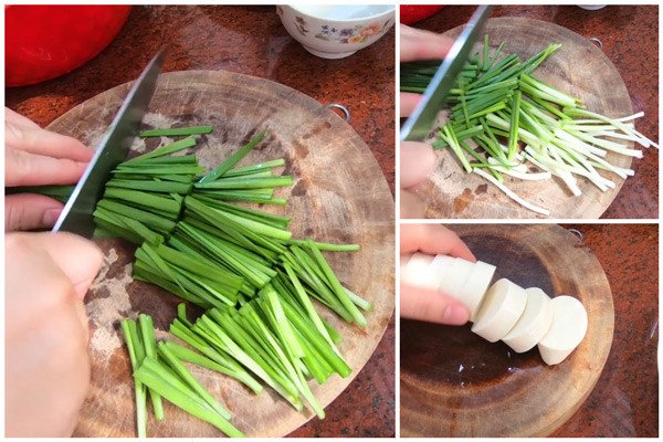 Sơ chế lá hẹ tươi và hành lá cho món canh hẹ trứng thơm ngon