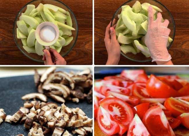 Sơ chế nấm hương và cà chua cho bún mọc dọc mùng