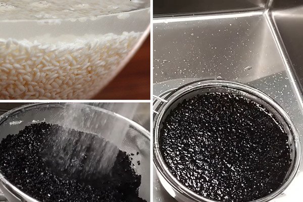 Sơ chế nếp và mè đen chuẩn bị nấu chè