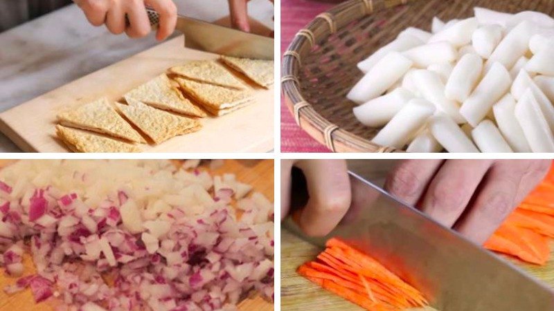 Sơ chế rau củ và bánh gạo tokbokki trước khi chế biến