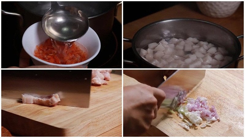 Sơ chế thịt ba chỉ và tôm khô sạch sẽ trước khi chế biến kho quẹt