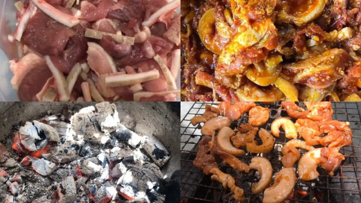 Sơ chế thịt heo rừng và ướp gia vị trước khi nướng