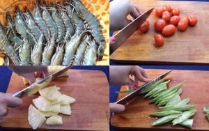 Sơ chế tôm và rau củ cho món canh chua tôm miền Tây