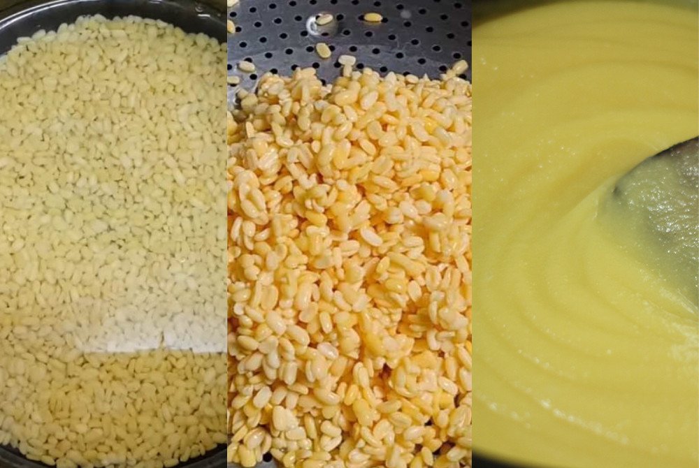 Sơ chế và hấp đậu xanh mềm bùi chuẩn bị cho món xôi màu vàng