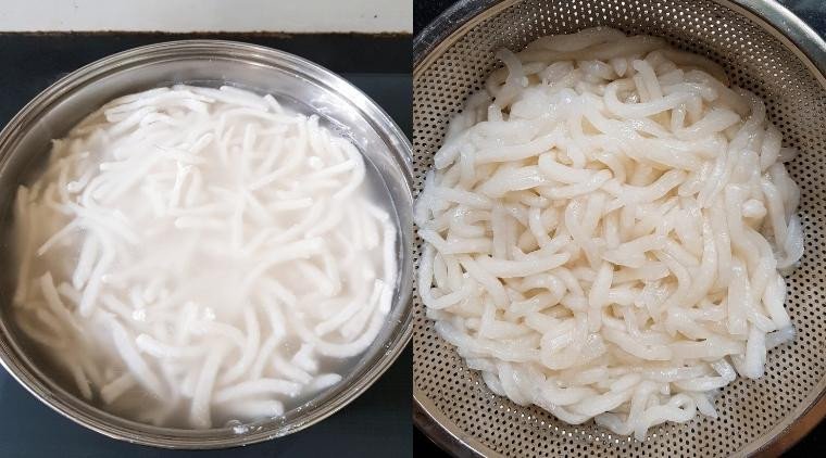 Sợi bánh canh bột xắt vừa chần qua nước sôi, vớt ra ráo nước để đảm bảo độ dai ngon