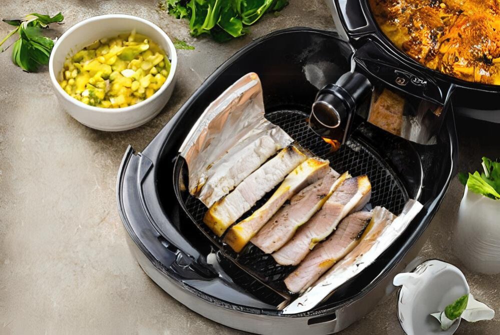 Sử dụng giấy bạc lót nồi chiên không dầu giúp dễ dàng vệ sinh sau khi nướng thịt ba chỉ