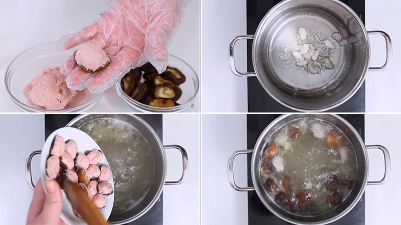 Tạo hình những viên giò sống bọc nấm thơm ngon cho món canh mọc rau củ quả
