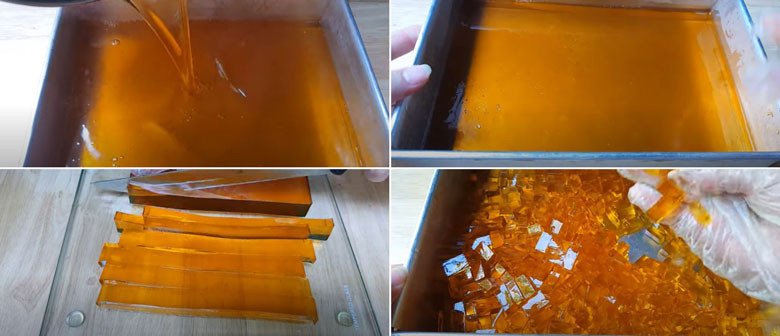 Thạch rau câu đã đông, sẵn sàng được cắt miếng để thêm vào ly trà sữa thái đỏ mát lạnh.