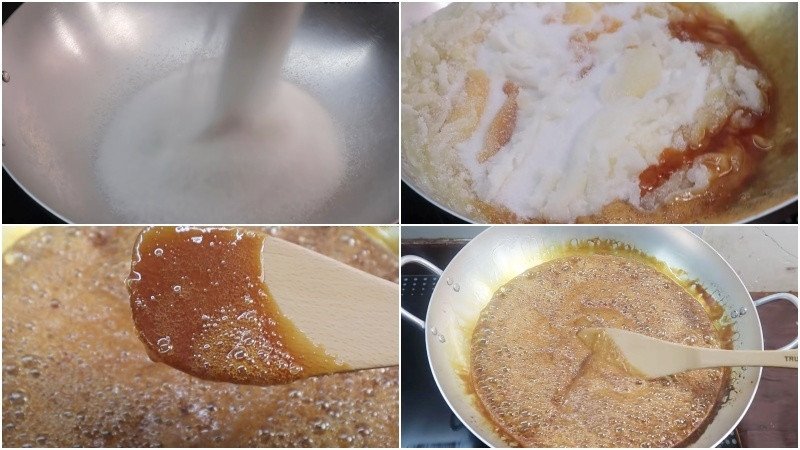 Thắng đường trên chảo không khuấy để làm nước hàng kho thịt