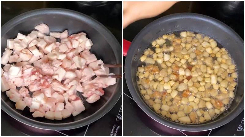 Thắng tóp mỡ giòn rụm trên chảo, vớt ra để ráo dầu chuẩn bị cho món mắm cá lóc chưng