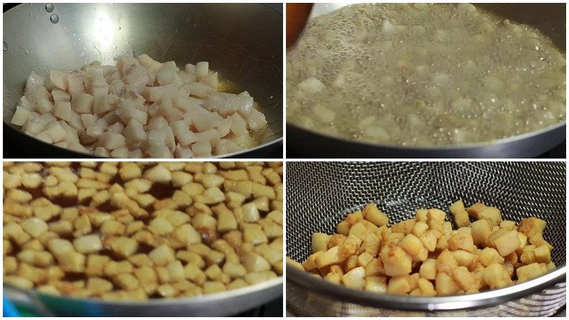 Thắng tóp mỡ heo vàng giòn để làm món kho quẹt tôm thịt