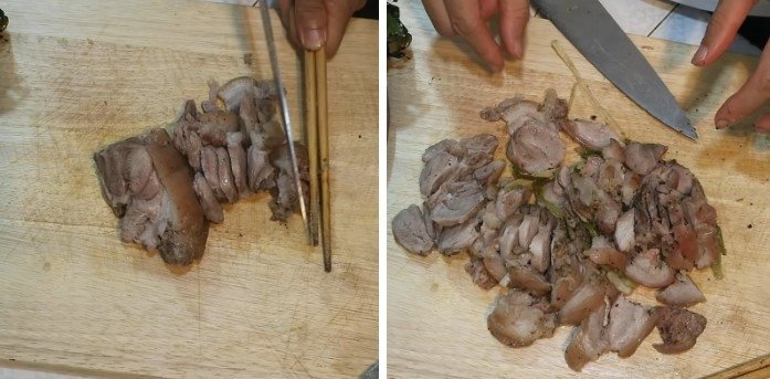 Thành phẩm thịt heo muối khô thơm ngon, cắt lát sẵn sàng để thưởng thức.