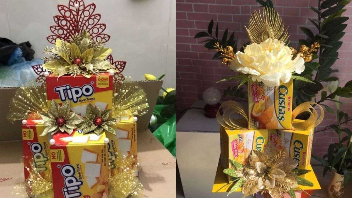 Tháp bánh Choco-Pie kết hợp hoa đào