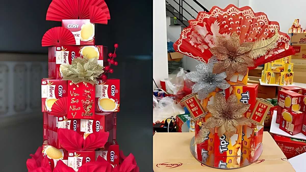 Tháp bánh kẹo kết hợp trang trí hoa tươi