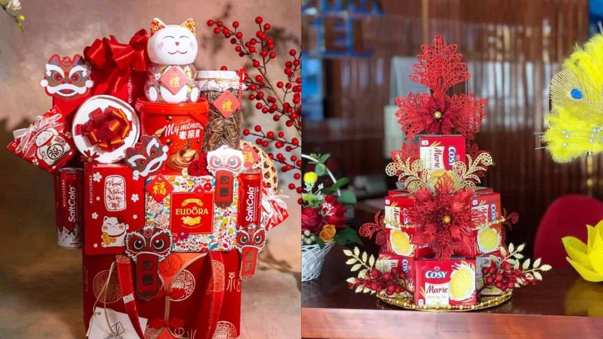 Tháp bánh ngọt trưng bày Tết với nơ đỏ