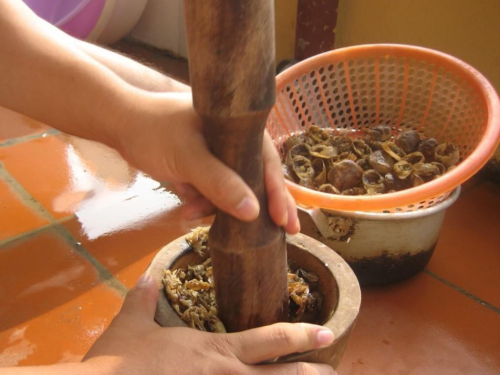 Thêm muối khi giã cua là bí quyết quan trọng giúp **riêu cua thành mảng** chắc và không bị vỡ.