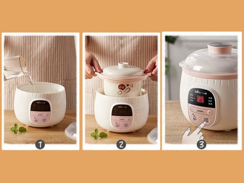 Thiết lập nồi nấu chậm để bắt đầu quá trình chưng yến bằng nồi nấu chậm, đảm bảo nhiệt độ ổn định