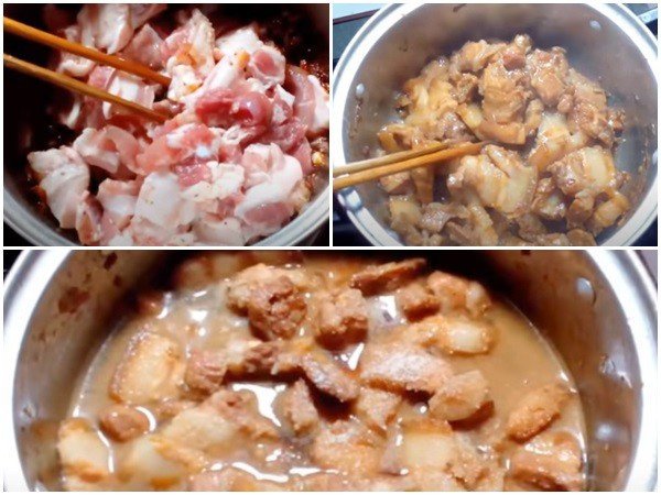 Thịt ba chỉ đang được xào săn và kho cùng nước màu cánh gián