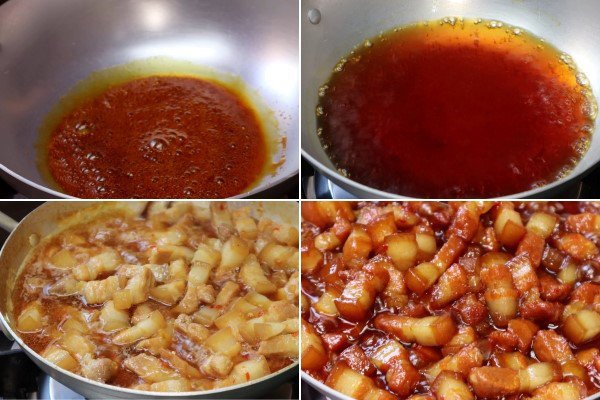 Thịt ba chỉ đang kho liu riu với nước dừa tạo màu đẹp mắt