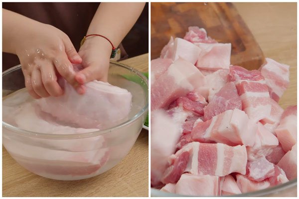 Thịt ba chỉ được thái miếng vuông vắn chuẩn bị cho cách làm thịt kho trứng cút