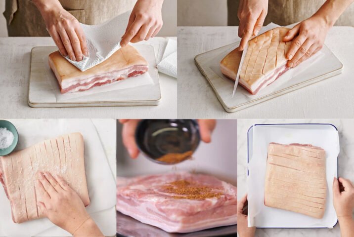 Thịt ba chỉ được ướp gia vị đậm đà chuẩn bị nướng nồi chiên không dầu