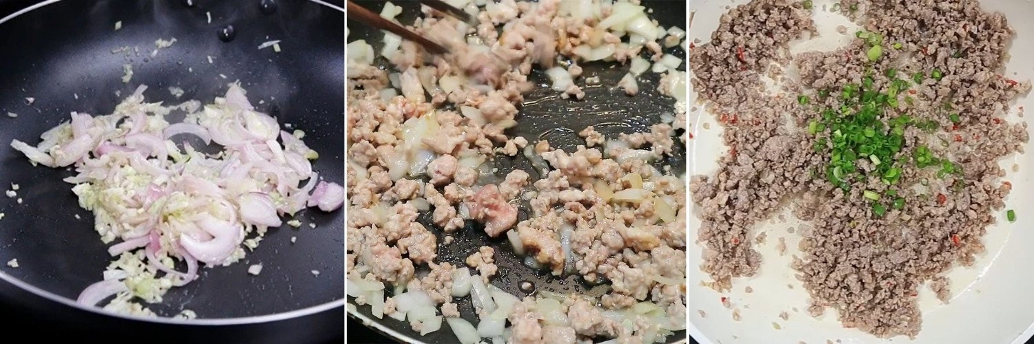 Thịt băm đang được rang cùng sả và hành phi thơm trên chảo