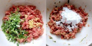 thịt băm đang được ướp đều gia vị để làm chả