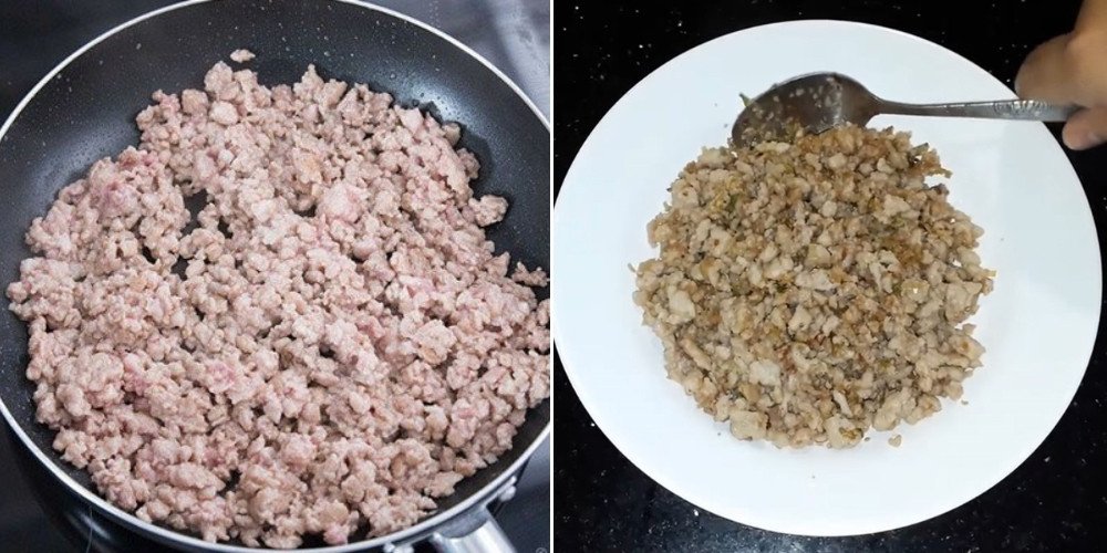 Thịt băm được rang sơ trên chảo để chuẩn bị cho món sả ớt