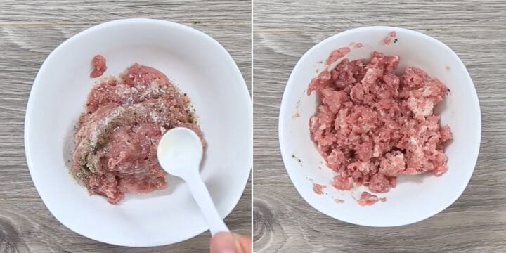 Thịt băm được ướp gia vị chuẩn bị rang cháy cạnh