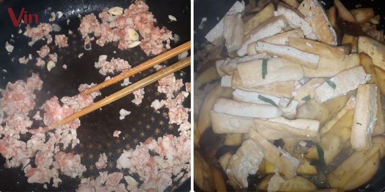 Thịt băm và cà tím được xào sơ trên chảo, tạo lớp nền hương vị đậm đà cho món canh cà tím với tía tô