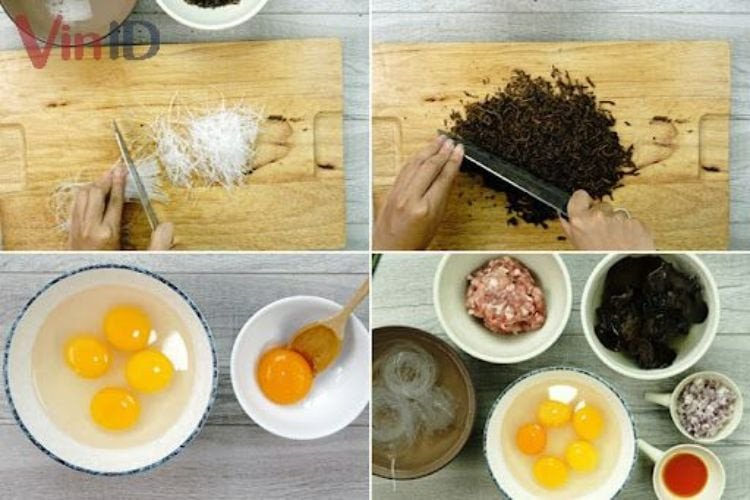 Thịt băm và nấm mèo sơ chế sẵn sàng cho cách làm trứng chưng thịt băm